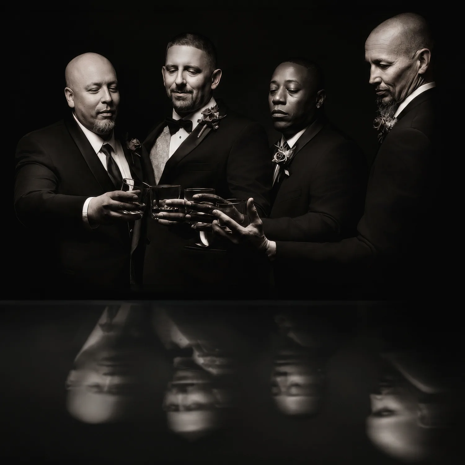 Dramatic groomsmen portrait with reflections at The American Hotel in Freehold, NJ &mdash; George Pompilio Photography