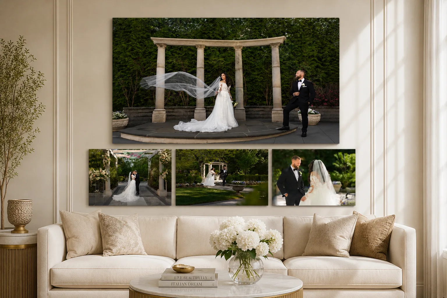 Gallery wall of framed wedding portraits from The Rockleigh displayed above a sofa in an elegant cream living room, by George Pompilio Photography