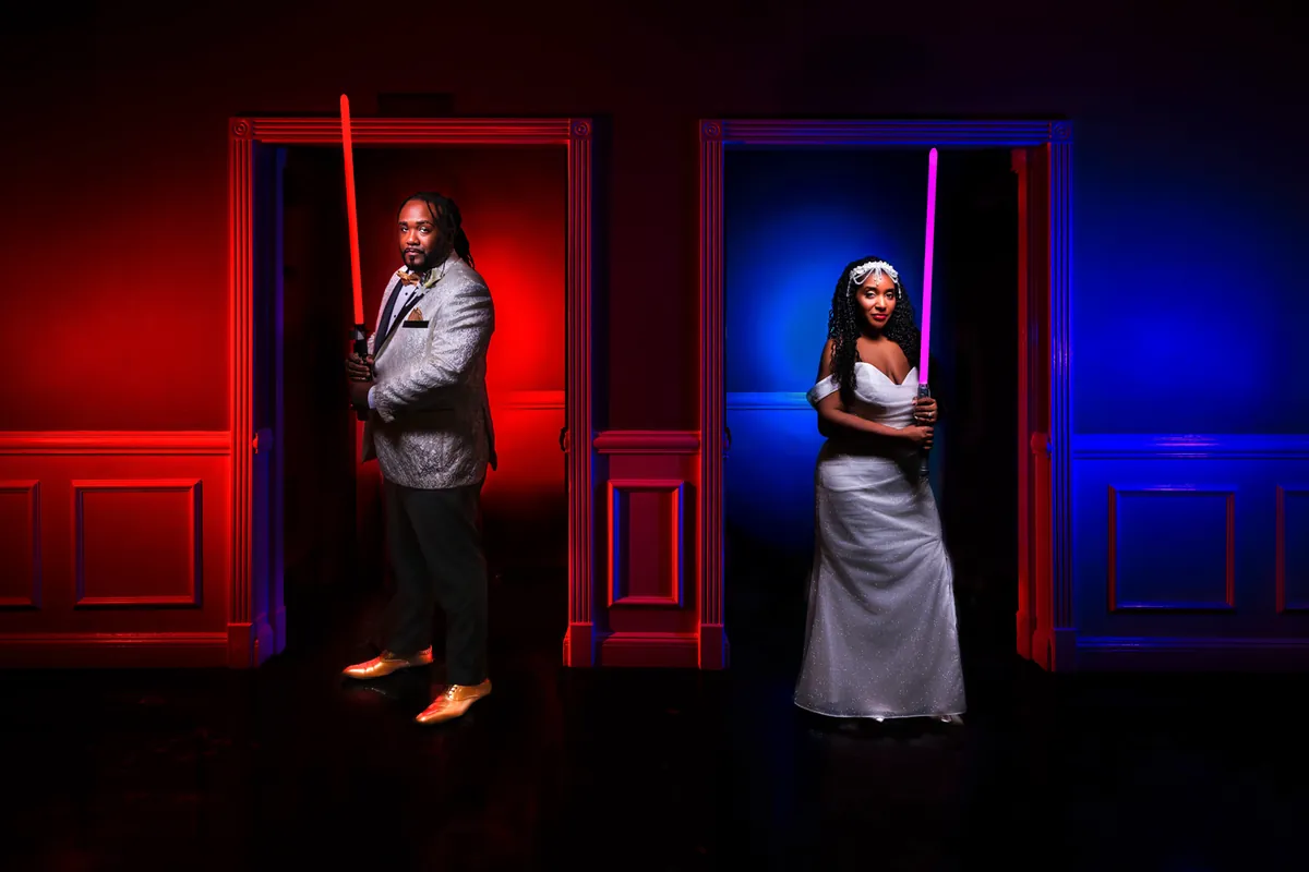 Creative off-camera flash wedding portrait by George Pompilio