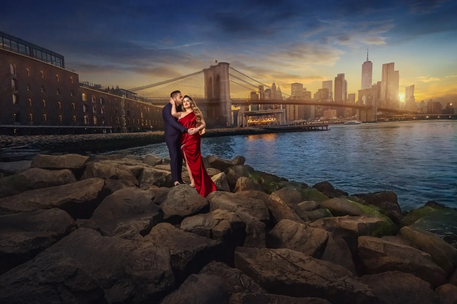 Bride-to-be in a red gown by the water with the New York City skyline, engagement session by George Pompilio