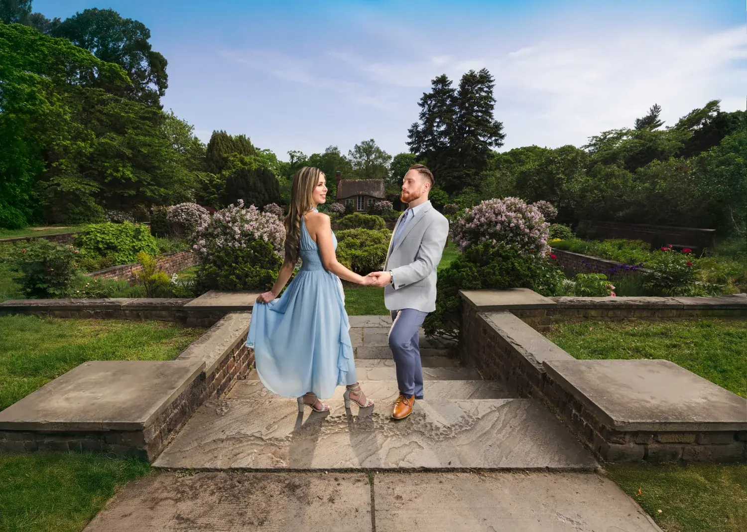 Elegant gown in the gardens at Planting Fields Arboretum on Long Island, engagement session by George Pompilio