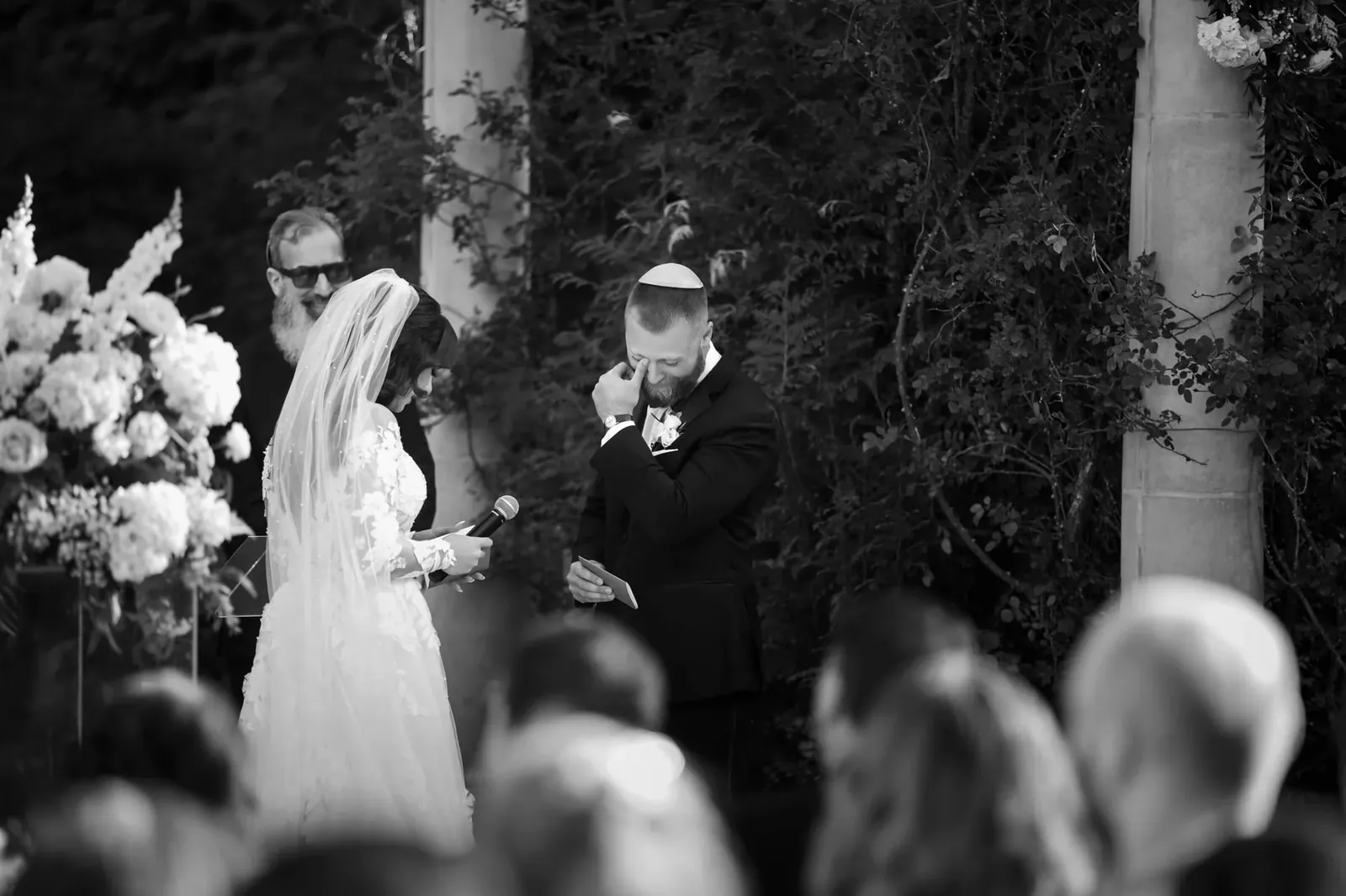 Emotional groom during an outdoor wedding ceremony at the Estate at Florentine Gardens — George Pompilio Photography