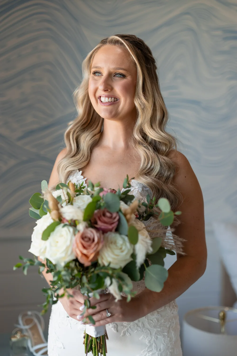 Bridal portrait of Allison holding her bouquet before the ceremony &mdash; George Pompilio Photography