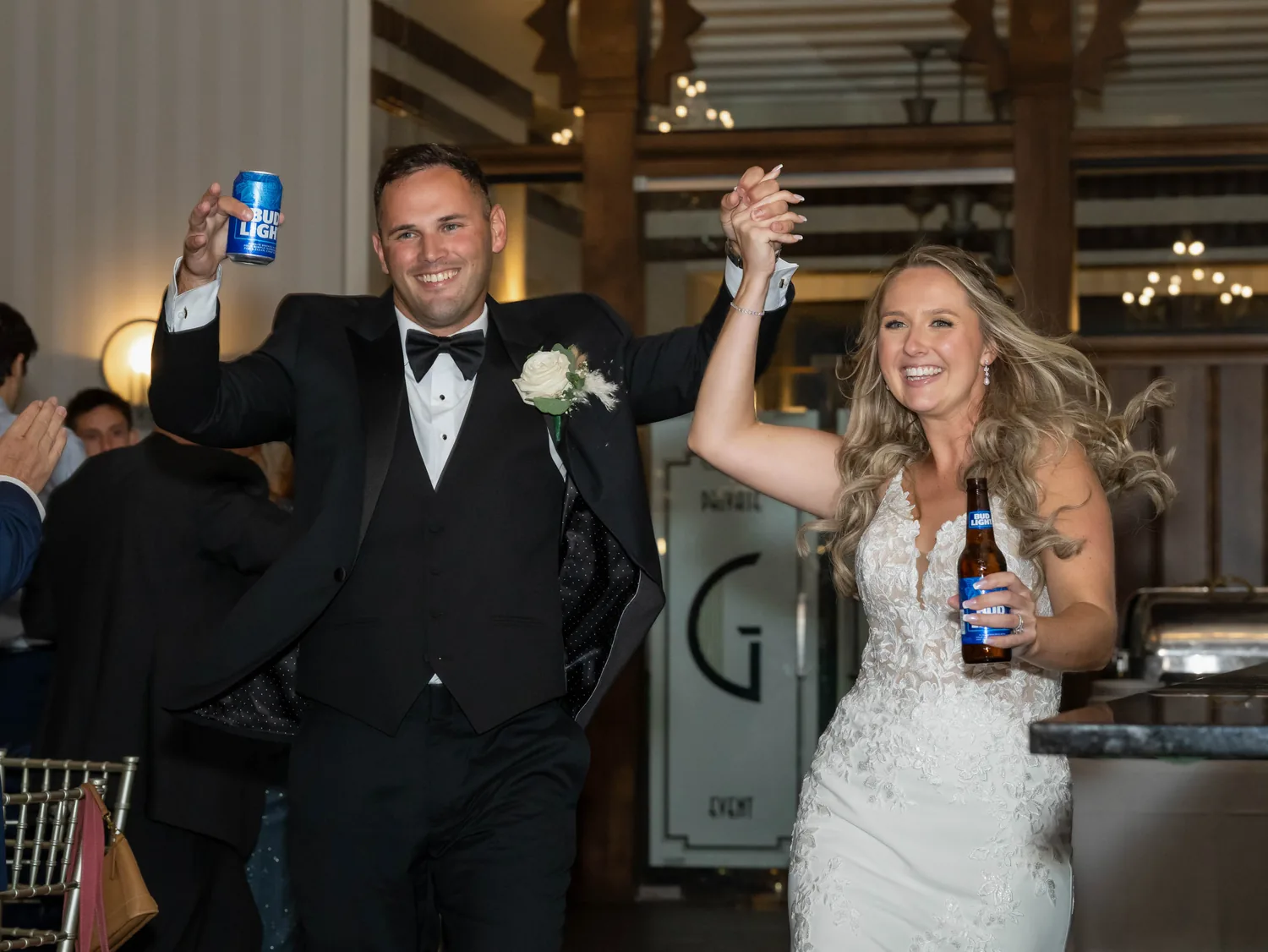 Allison and Luke&rsquo;s reception entrance with drinks raised at Gatsby On The Ocean &mdash; George Pompilio Photography