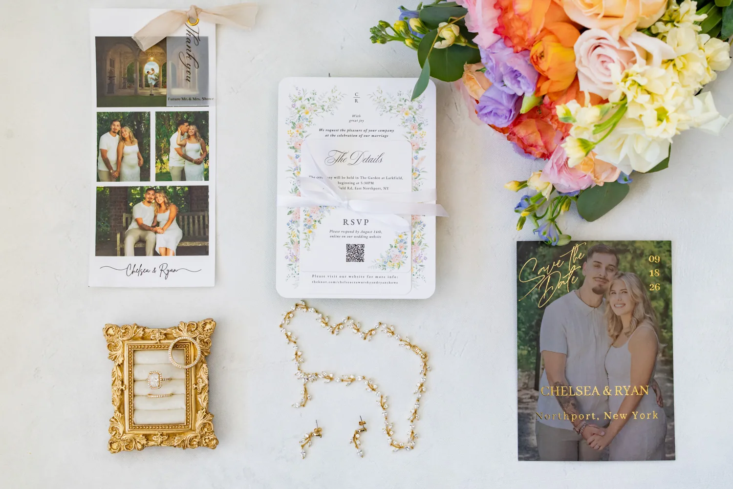 Chelsea and Ryan&rsquo;s wedding: Wedding invitation suite with a colorful bouquet, Larkfield in East Northport &mdash; George Pompilio Photography