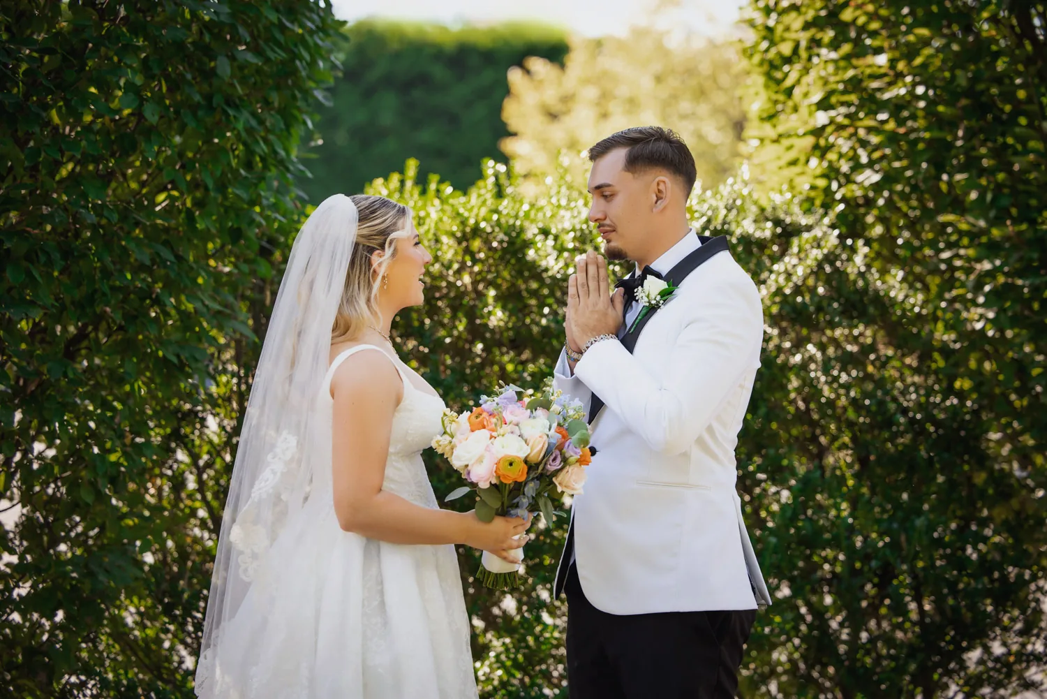 Chelsea and Ryan&rsquo;s wedding: First look in the gardens at Larkfield, groom's reaction &mdash; George Pompilio Photography
