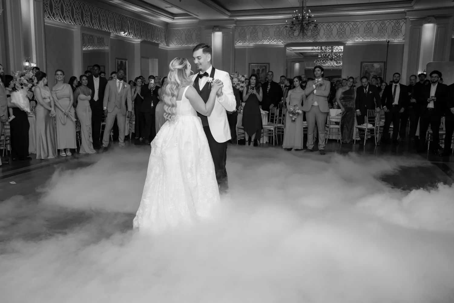 Chelsea and Ryan&rsquo;s wedding: Black and white first dance through low fog at Larkfield &mdash; George Pompilio Photography