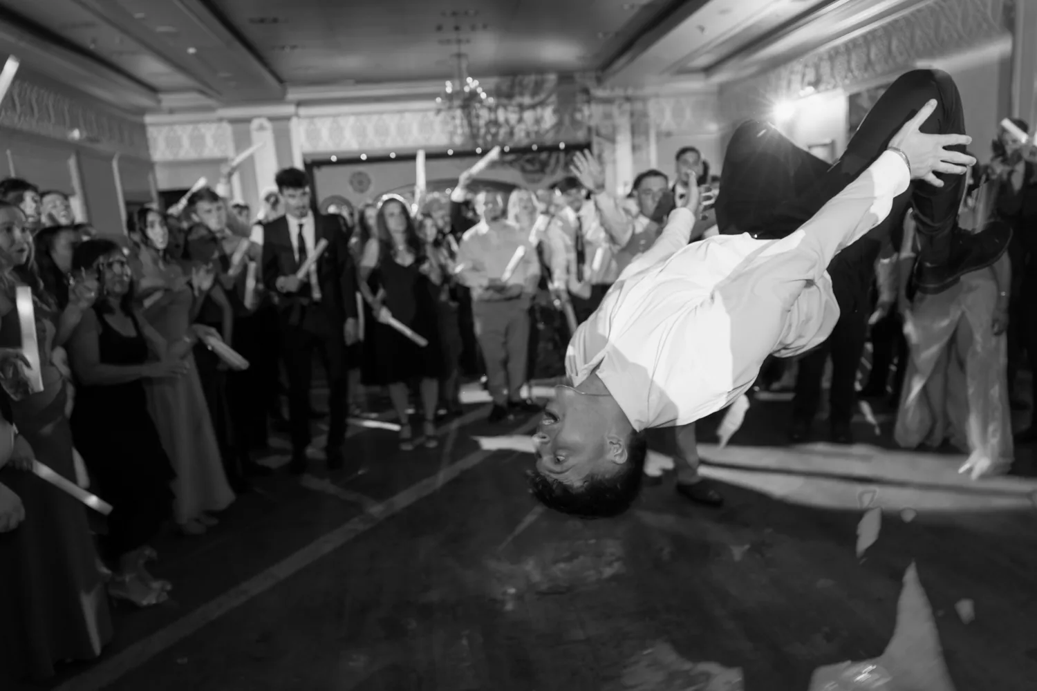 Chelsea and Ryan&rsquo;s wedding: Black and white dance floor energy with a guest flipping at Larkfield &mdash; George Pompilio Photography