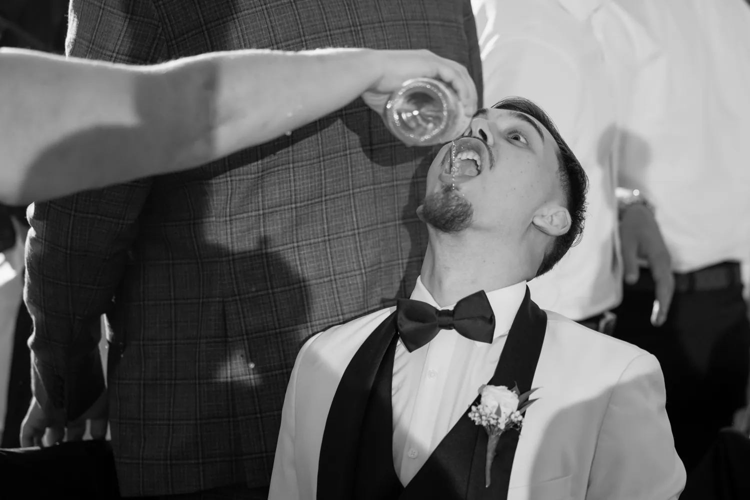 Chelsea and Ryan&rsquo;s wedding: Groom celebrating on the dance floor, black and white, Larkfield wedding &mdash; George Pompilio Photography