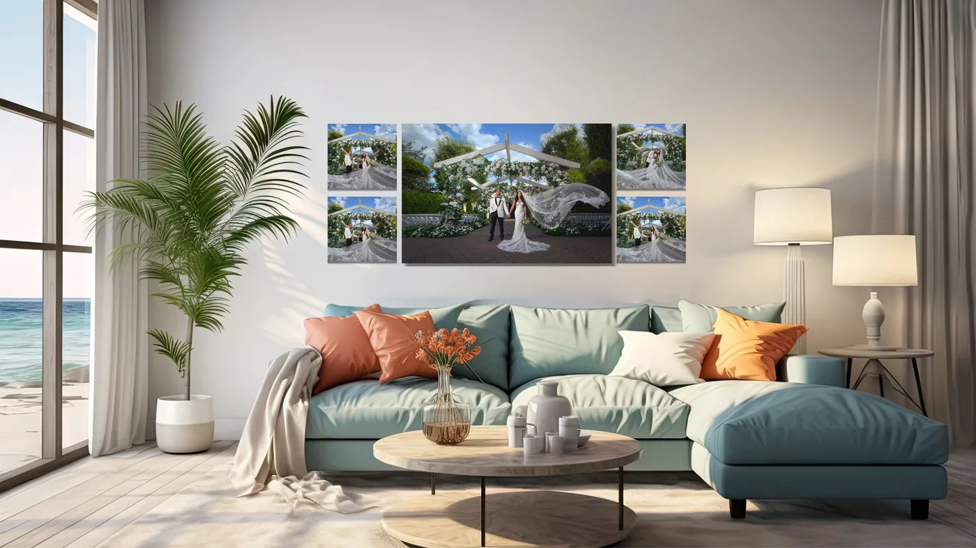 Wedding wall art gallery displayed in a bright living room by George Pompilio Photography