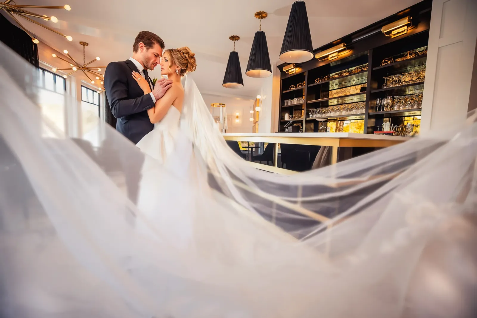 Interior wedding portrait with dramatic veil — George Pompilio Photography